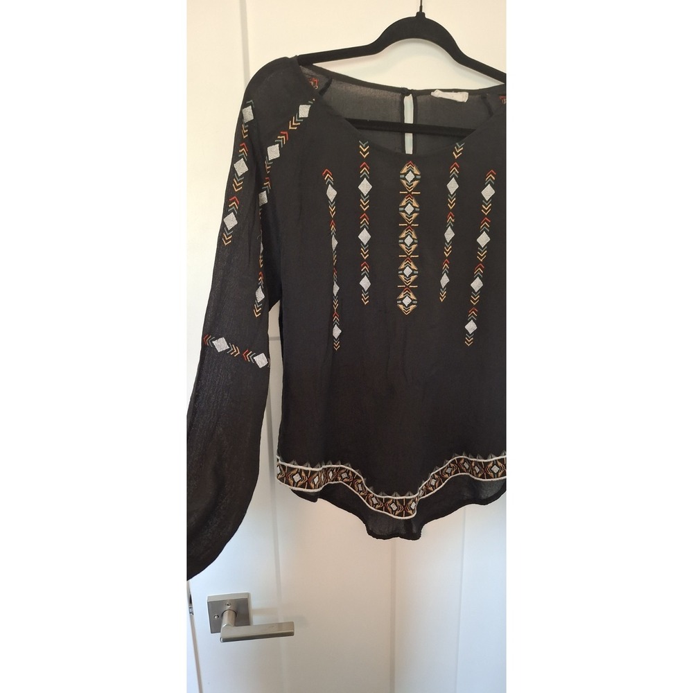 Lush Embroidered Boho Blouse Womens L Black Southwestern Long Sleeve Top - Picture 10 of 12